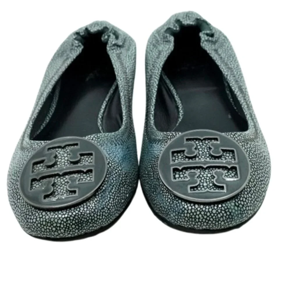 TORY BURCH~Gray Reva Logo~BALLET FLATS~ LEATHER SHOES in GRAY EEL~ SIZE 8.5M